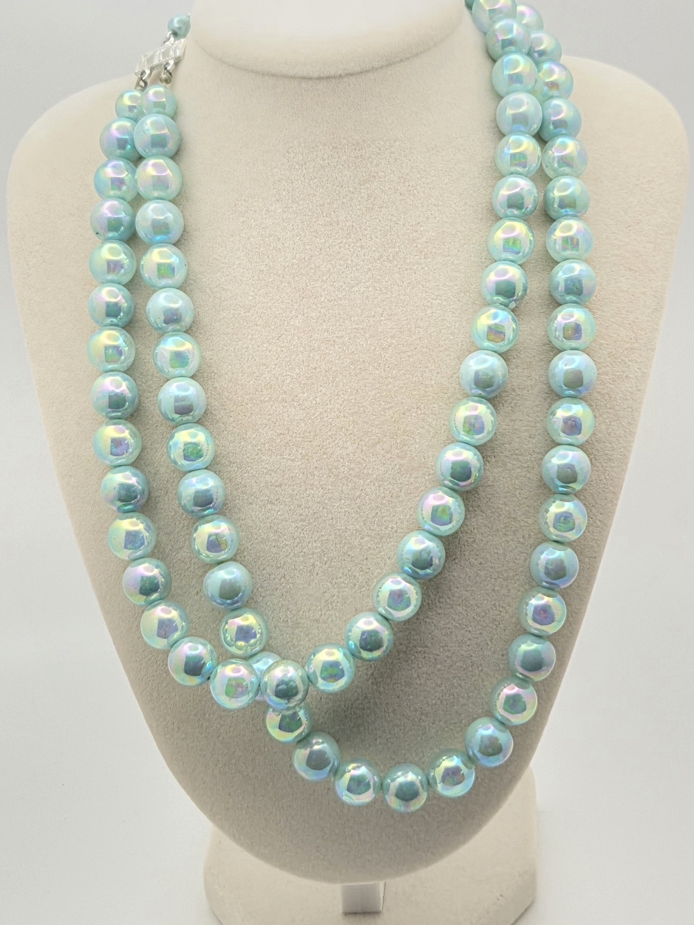 Vintage Japan Double Strand AB Iridescent Blue Glass Pearl Necklace 16"
